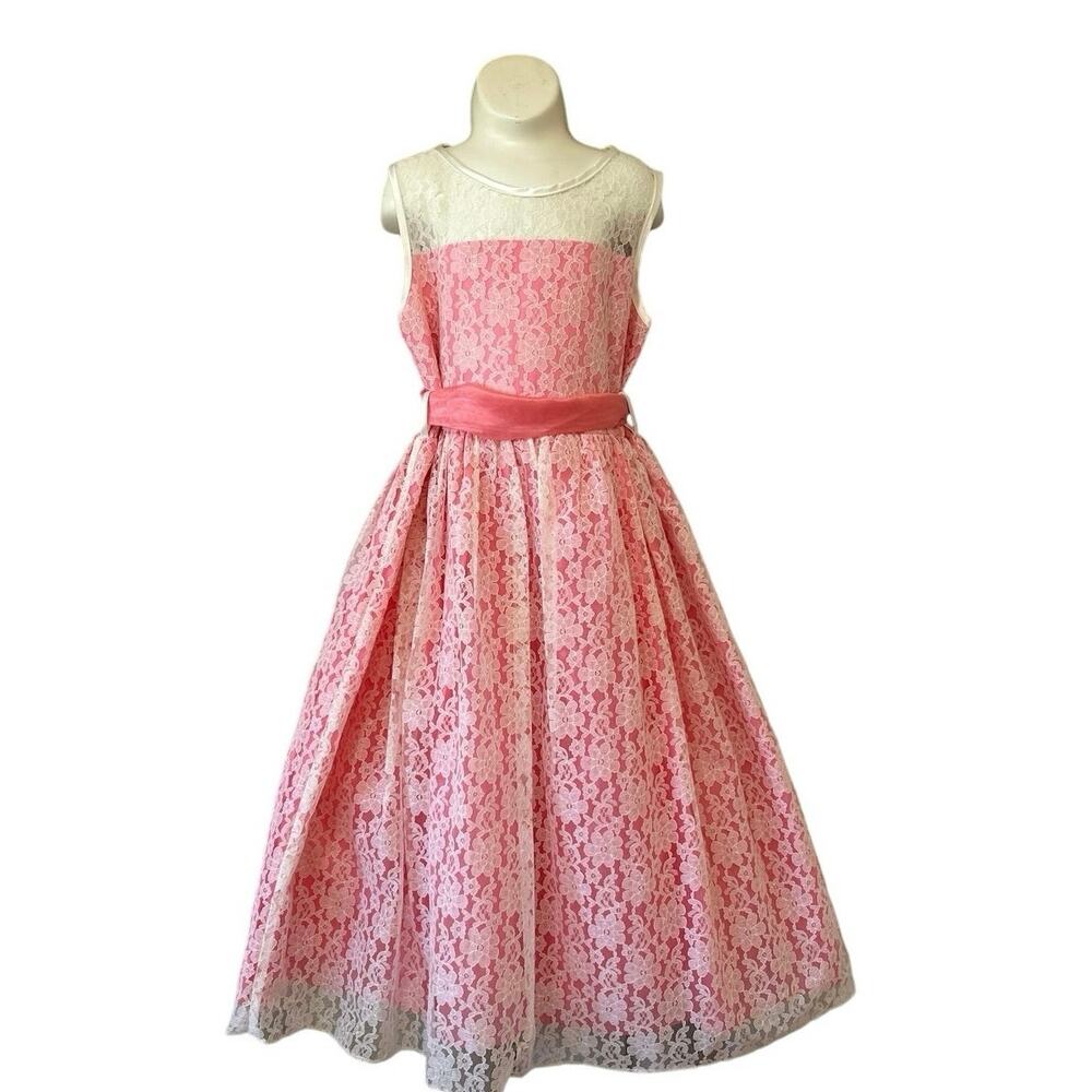 Vtg Girls 11/12 Salmon W/Ivory Lace Tea Party Dress Flower Girl “My Best Kid”